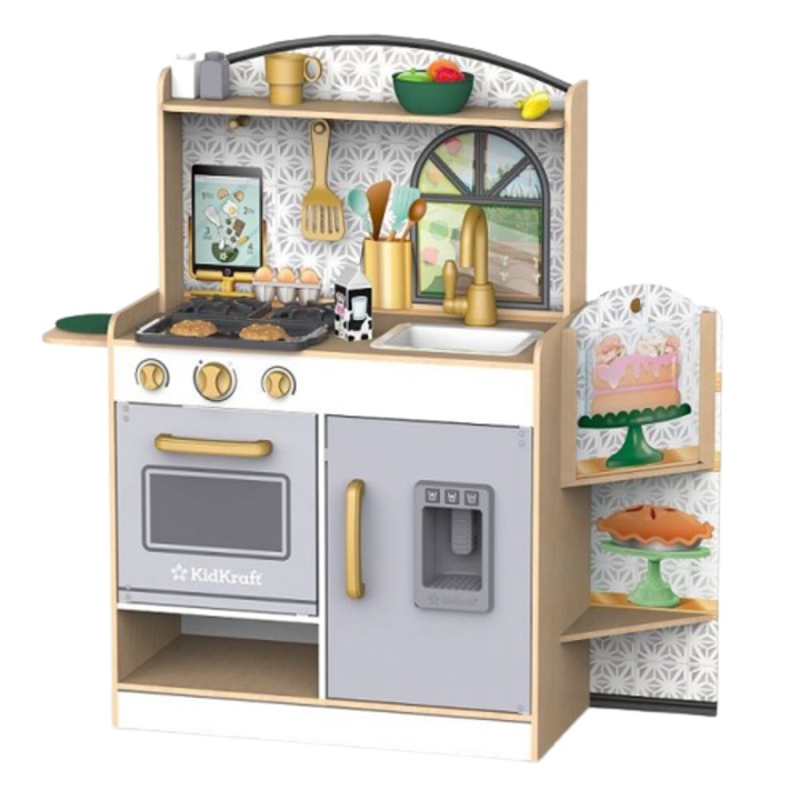 Set bucatarie copii DacEnergy©, realizata din MDF si lemn, cu fructe, prajiturele, cuburi gheata, 92,6 x35,7 x95,7 cm, gri si auriu