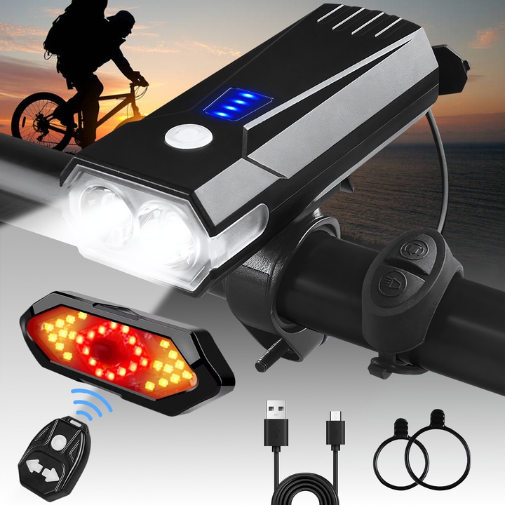 Set Semnalizator Bicicleta, SDLOGAL, Reincarcabila, 5 Moduri de Lumina, Alarma si Claxon, Rezistent la Apa, cu telecomanda fara fir, Negru