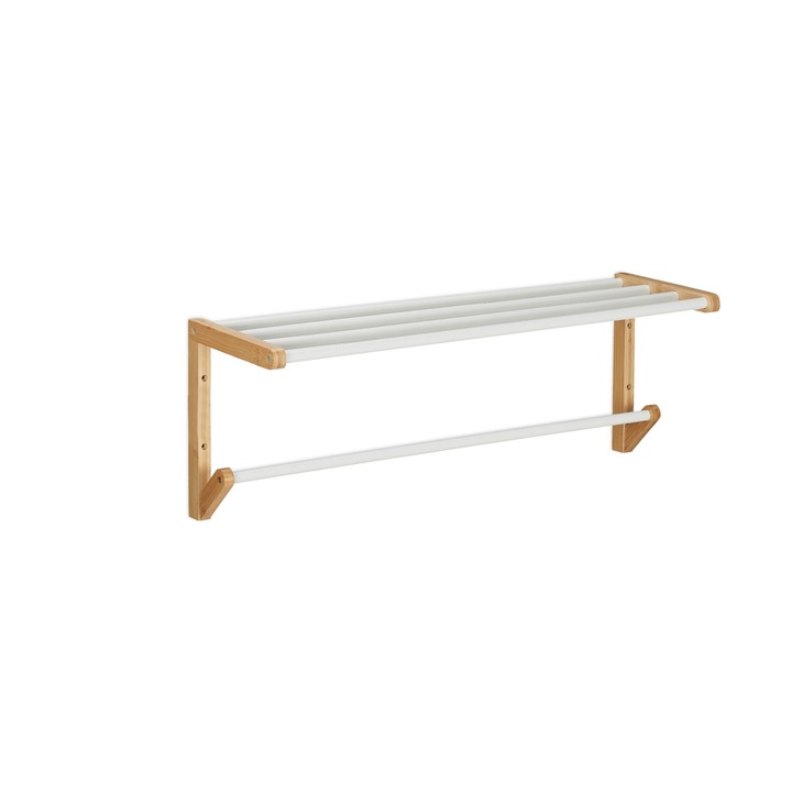 Suport prosope din bambus pentru perete, natural/alb, cu 4 tije, 25 x 70 x 20 cm