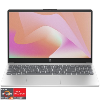 Laptop HP 15-fc0024nq cu procesor AMD Ryzen 5 7520U pana la 4.30 GHz, 15.6", Full HD, IPS, 8GB DDR5 RAM, 512GB SSD, AMD Radeon Graphics, Free DOS, Natural Siver