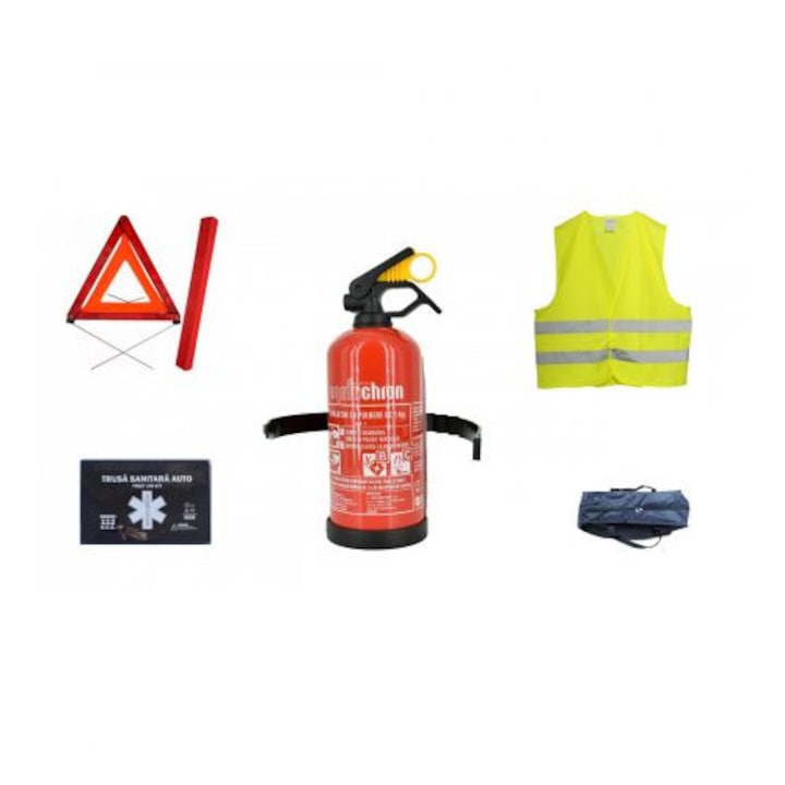Пълен комплект за пътна безопасност, одобрен от IMK - светлоотразителен триъгълник, пожарогасител, комплект за първа помощ, светлоотразителна жилетка + чанта за съхранение + подарък за държач за телефон