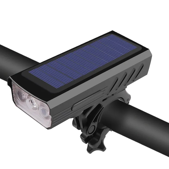 Фенерче за велосипедни фарове FiGGA със соларно зареждане и кабел тип C, сирена, индикатор за батерията, предупредителни светлини, акумулаторна батерия 2000 mAh, структура от алуминиева сплав, Черен