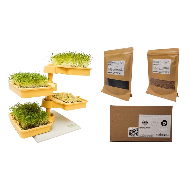 Комплект саксии за хидропоника Babylon Garden, Самостоятелен модулен, 4 едновременни култури, интелигентно приложение, жълт цвят + органични семена и среда за отглеждане на коноп за хидропоника