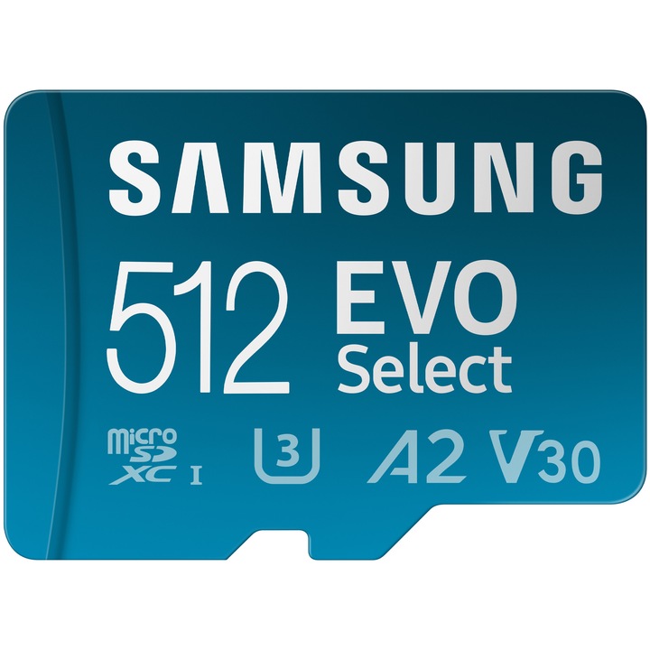 Card de memorie Samsung EVO Select microSDXC, 512GB, 130MB/s, Clasa 10 UHS-I, U3, cu adaptor SD