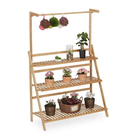 Stand de flori din bambus, cu 3 etajere, 145,5 x 100 x 38 cm, natur