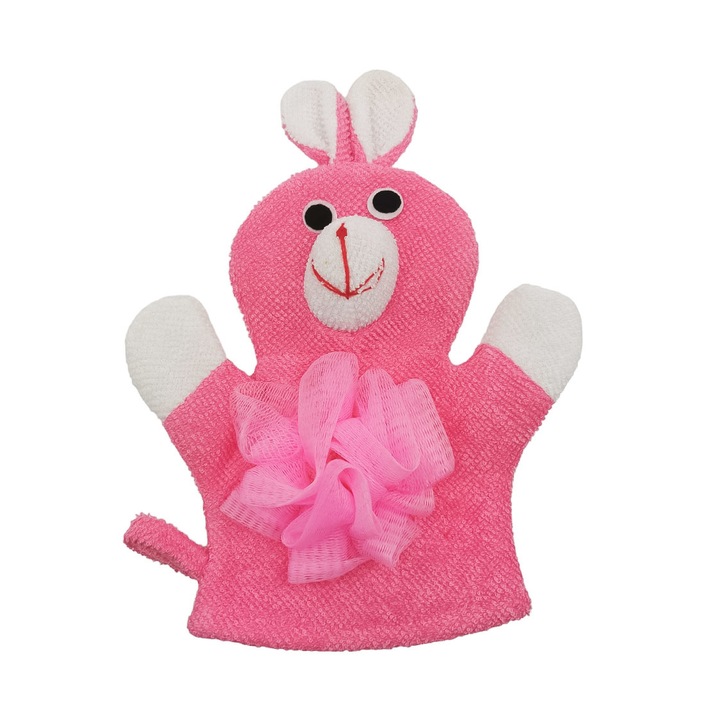 Manusa de baie BunnyBath, forma iepure, cu 2 fete, efect exfoliant, 26x20 cm, roz, Doty®️