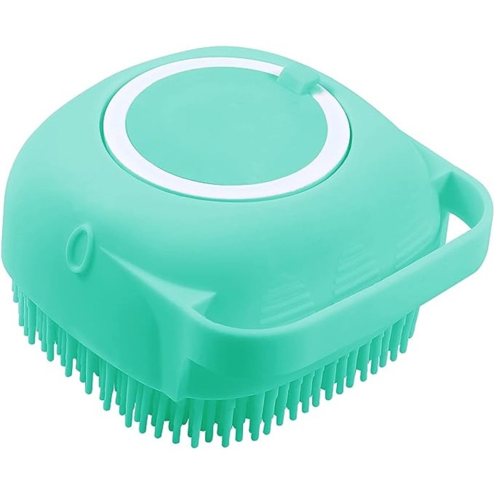 Szilikon szivacs, adagolóval, test- és hajmosáshoz, felnőtteknek, gyermekeknek, háziállatoknak, 80 ml-es tartály, 8.5 x 8 x 5.5 cm, kék