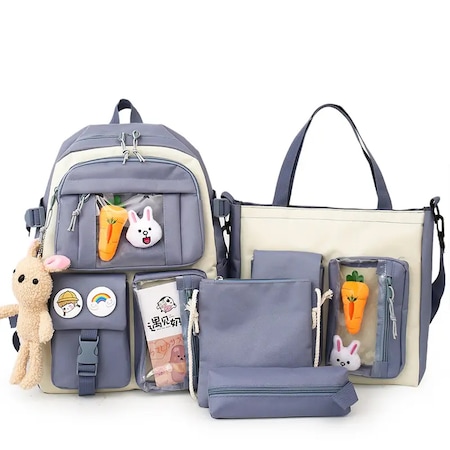 Set ghiozdan copii din 4 piese MBrands, iepure, breloc urs, waterpoof - Bleumarin