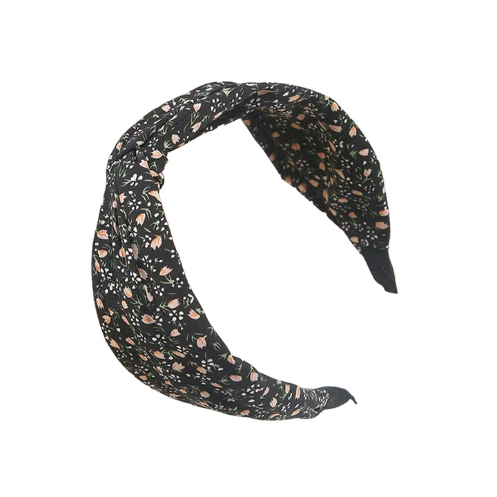 Bentita pentru par cu nod, model clasic elegant, cu imprimeu floral, marime universala, neagra, EFAYN