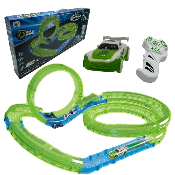 Писта със Състезателна Кола и Дистанционно Управление, Модел Rapid World, Светеща в тъмното, 35 части, 66 х 44 х 26 см, Зелено синьо