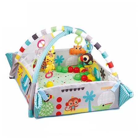 Centru de Activitati si Joaca 3 in 1 TREPO®, Saltea Interactiva pentru Copii / Bebe cu Sunete, Multifunctional, 30 Bile, Perna, 4 Jucarii Zornaitoare, Multiple Moduri de Joaca Interactive si Educative, 109x97.5x54cm, Albastru