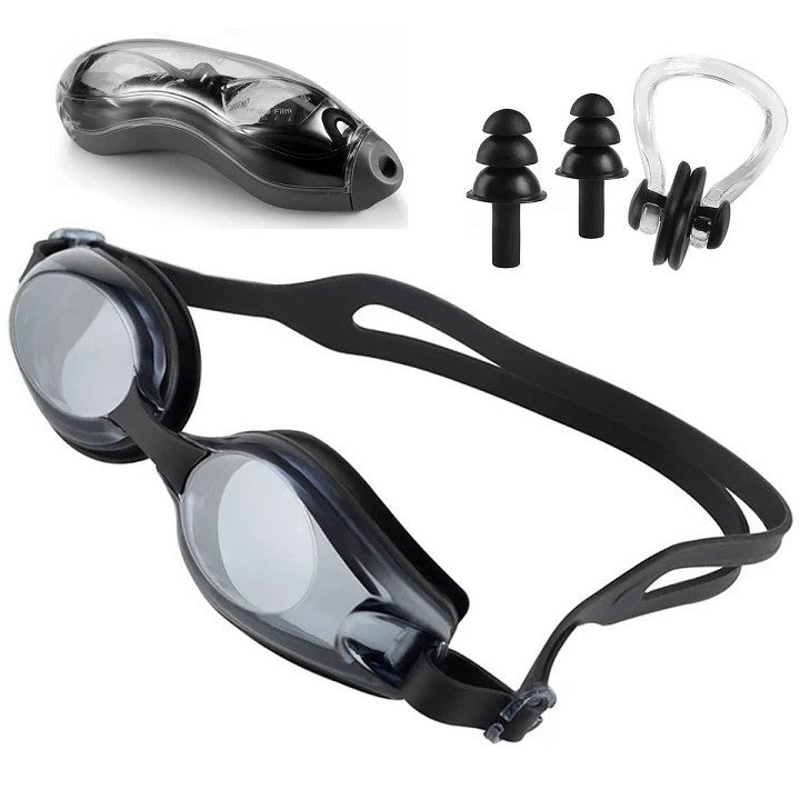 Очила за плуване, тапи за уши, щипка за нос, Включен кобур, UV филтър, Черен