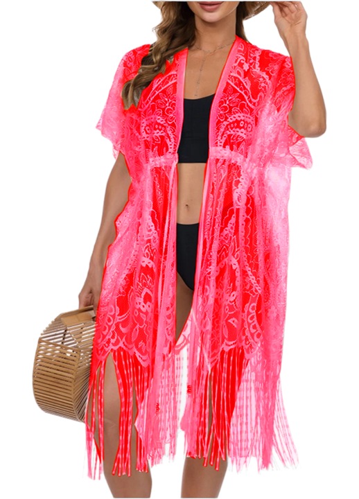 Pareo pentru plaja, StarFashion, tip cardigan, cu snur in talie si franjuri, maneca scurta, Roz neon