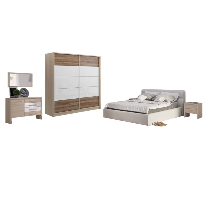 Dormitor Galileo, Pat 160x200, Dulap 220, Noptiera set, Comoda
