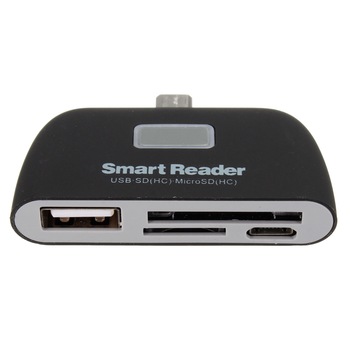 Mini OTG smart card reader cu led 4 in 1 Usb/TF/SD/Micro Usb, negru Mini OTG smart card reader cu led 4 in 1 Usb/TF/SD/Micro Usb, negru
