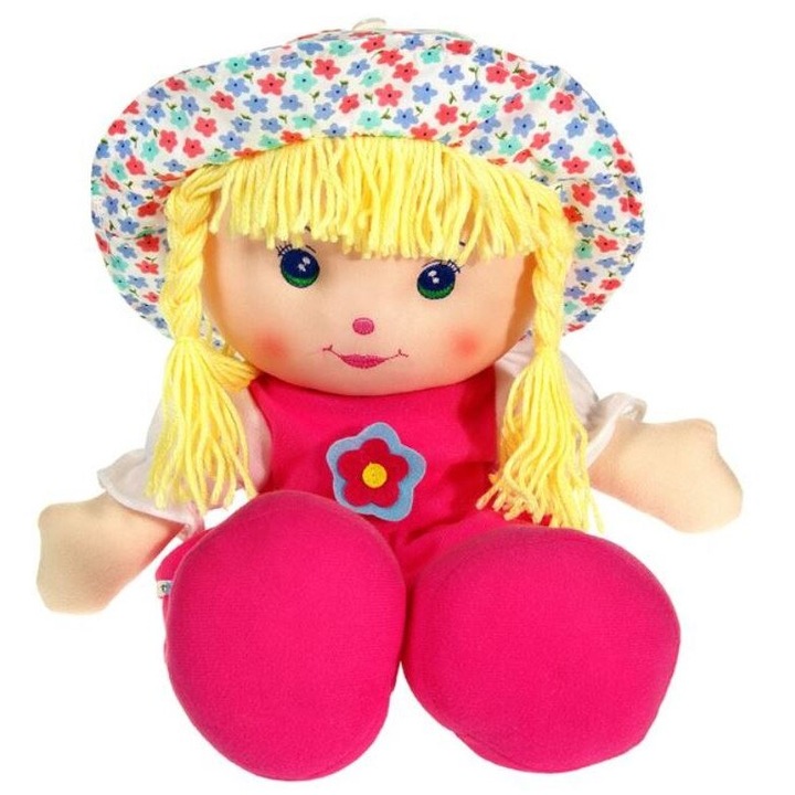 Szőke hajú szövetbaba fukszia ruhával, 45 cm