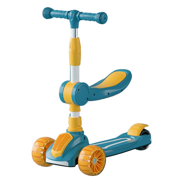 Trotineta Mixbo Pliabila 2 in 1 cu Sezut si Roti Luminoase Reglabile in Inaltime 1,5 -12 Ani, Galben Verde