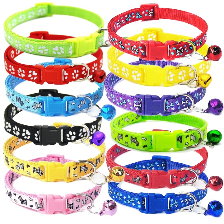Set 6 x Zgarda ajustabila cu clopotel pentru caini si pisici, 18-32cm/1cm, Imprimeu si culori diverse, Ropet