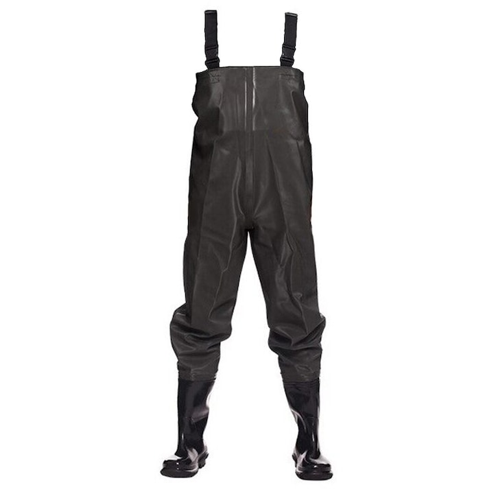 Pantaloni, cu pieptar, salopeta, pentru pescuit, cu bretele ajustabile, cizme, marimea 44, negru, Verk Group