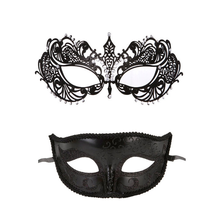 Комплект от 2 венециански маски за двойки, AEWOYAD, черни