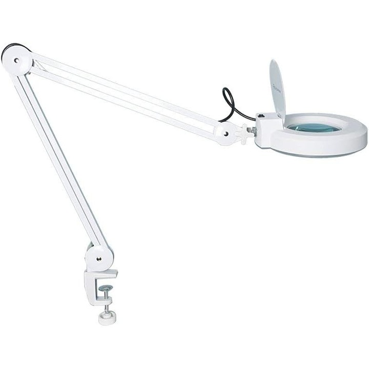 Lampa cosmetica LED cu brat cu menghina, lupa cu marire 5x, rotire 360°, pentru machiaj, manichiura, tatuaje, citit, alba
