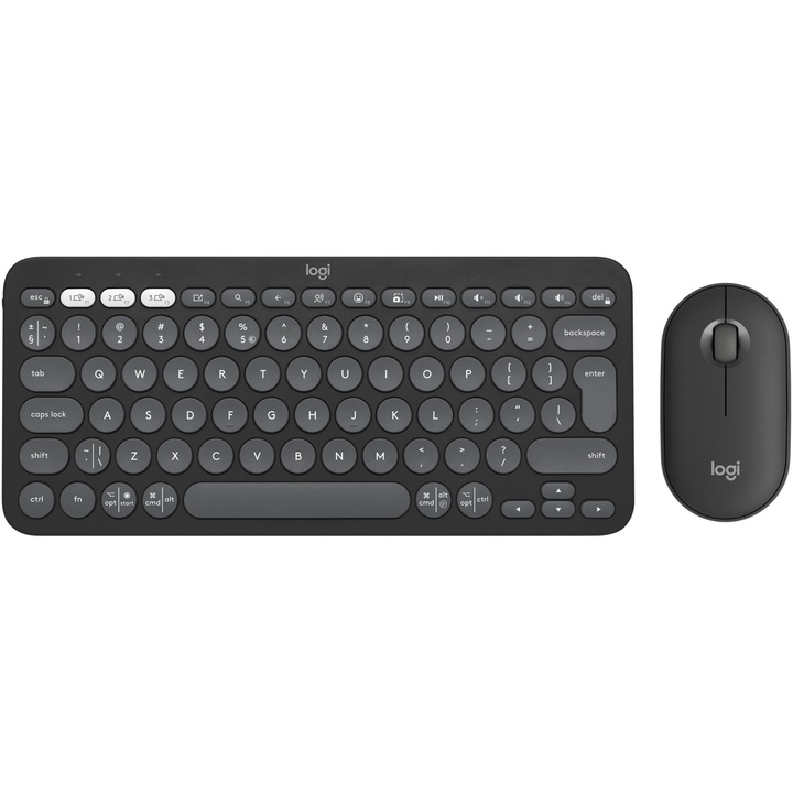 Logitech Pebble 2 Combo, vezeték nélküli billentyűzet és egér, halk és hordozható, testre szabható, Logi Bolt, Bluetooth, Easy-Switch Windows, macOS, iPadOS, Chrome-ra, nemzetközi kiosztás, Grafit