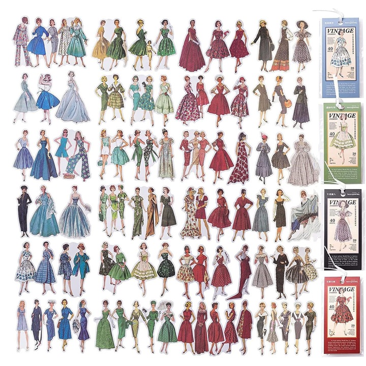 Pachet de 160 de autocolante vintage cu caractere, BOMSTOM, pentru album de insemnari, personaje feminine, multicolor
