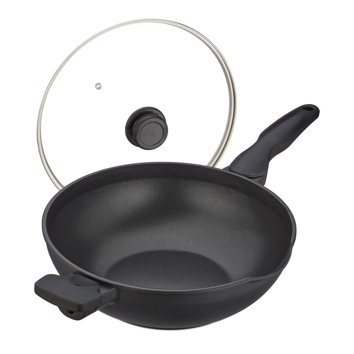 Tigaie wok cu capac, din aluminiu/sticla/plastic, neagra, 15 x 57,5 ​​x 31,5 cm