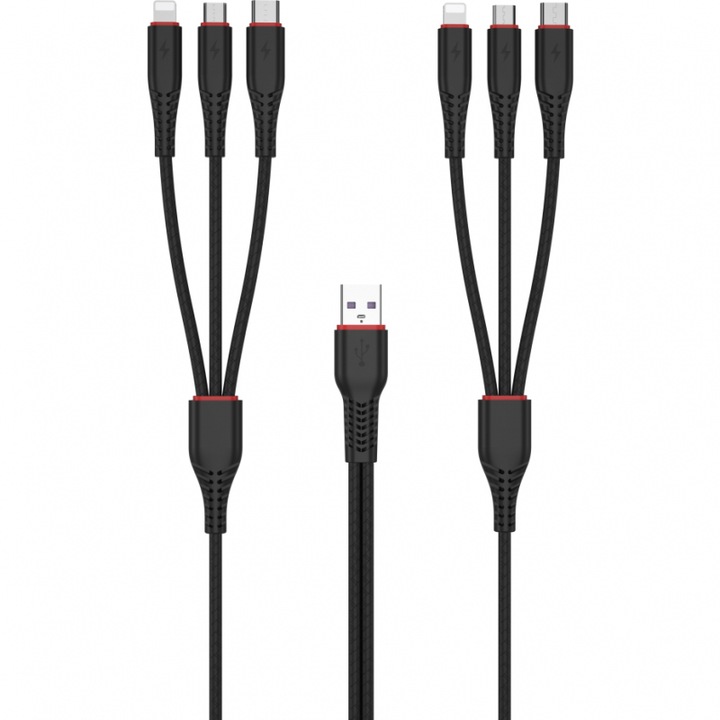 Cablu de incarcare 6in1, USB A la USB Type-C/MicroUSB/mufa compatibila Apple, 18W, 2m lungime, Negru