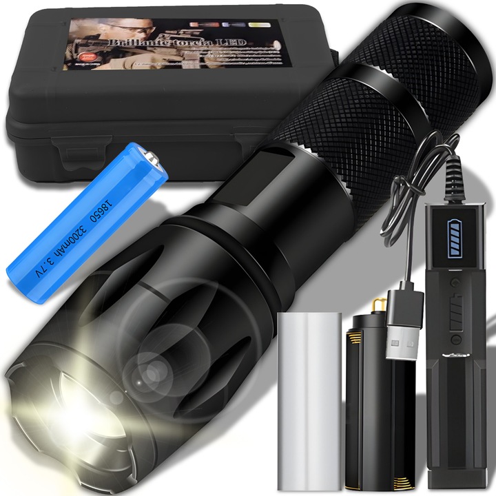 Lanterna tactica LED ZOOM, HDL0205, profesionala, focus ajustabil, acumulator inclus, incarcare USB, 1000 lumeni, Negru