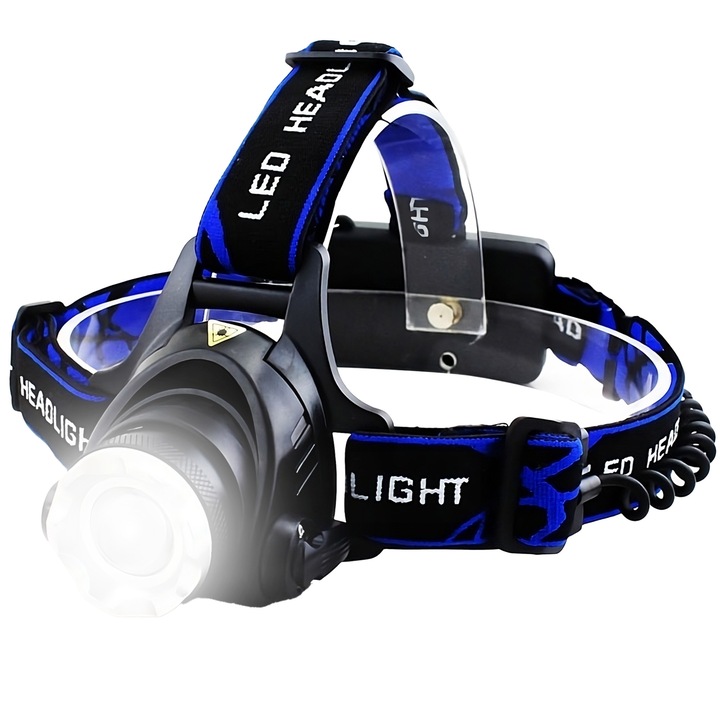 Lanterna de Cap cu LED CREE XML T6 si Zoom, 2 Acumulatoare Reincarcabil 6800mAh, 3 Moduri Iluminare, Negru-Albastru