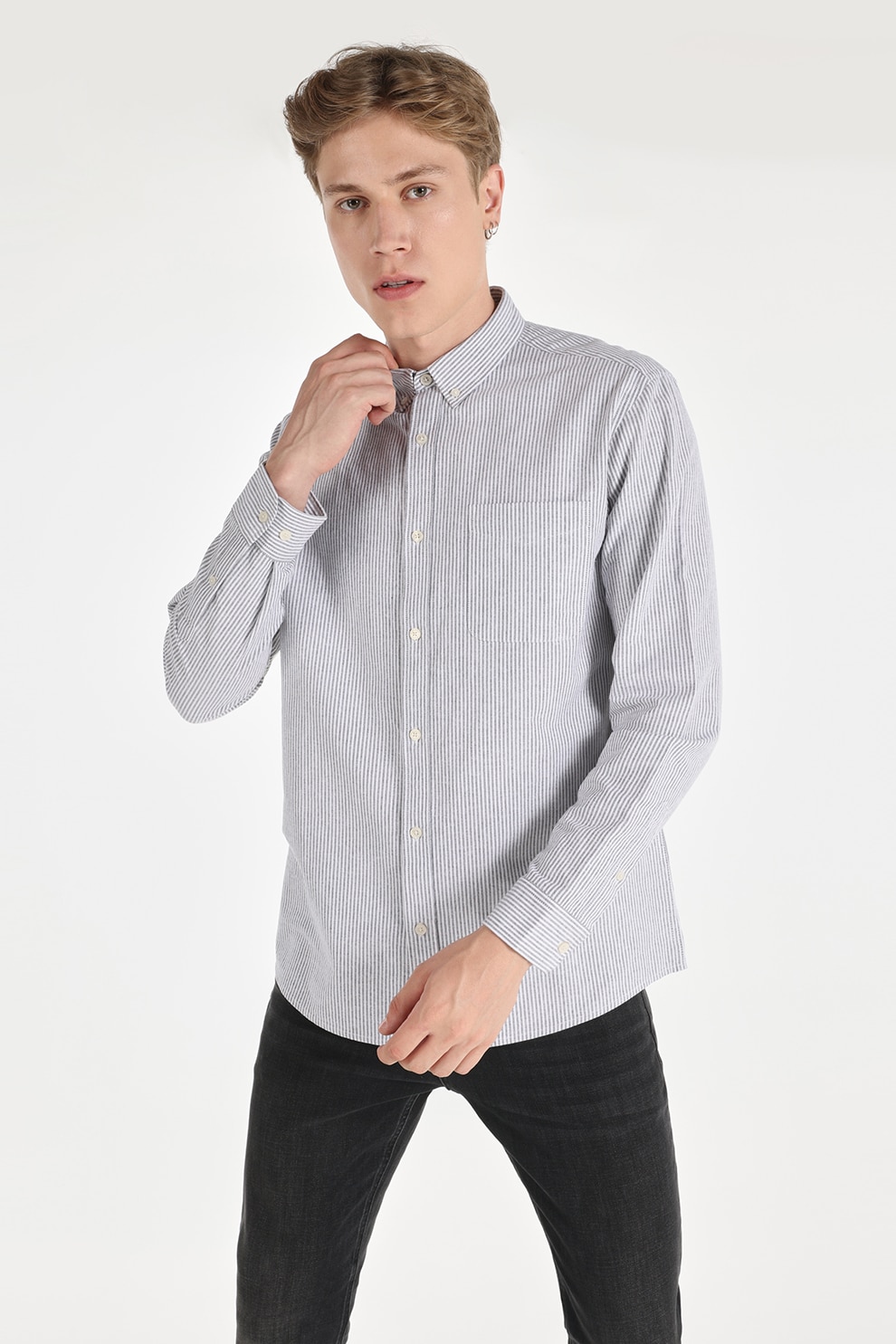 COLIN'S, Camasa cu maneci lungi si dungi, Alb, Gri antracit, 2XL