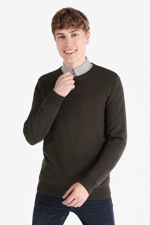 COLIN'S, Pulover cu decolteu la baza gatului si aspect texturat, Verde inchis