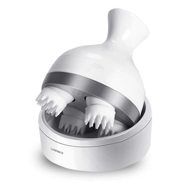 Aparat pentru masaj capilar LUXEMATE, Masaj Scalp, Masaj Corp, Capete din Silicon, Rezistent la apa IPX7, Acumulator 1200 mAh, Stimularea cresterii parului, 2 viteze, Imbunatatirea circulatiei, Incarcare USB, Alb