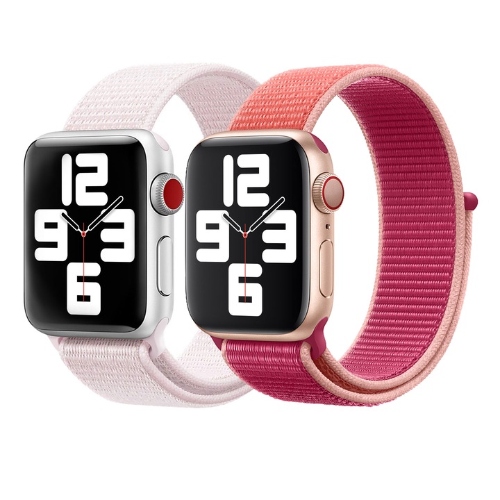 Set 2 curele sport compatibile Apple Watch 11 10 9 8 7 6 5 4 3 2 1, Display 38/40/41/42 mm, Nylon, Garnet Red/Pearl Pink