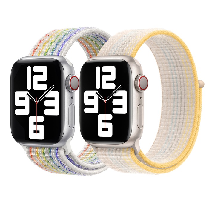 Set 2 curele sport compatibile Apple Watch 11 10 9 8 7 6 5 4 3 2 1, Display 38/40/41/42 mm, Nylon, Starlight/Rainbow