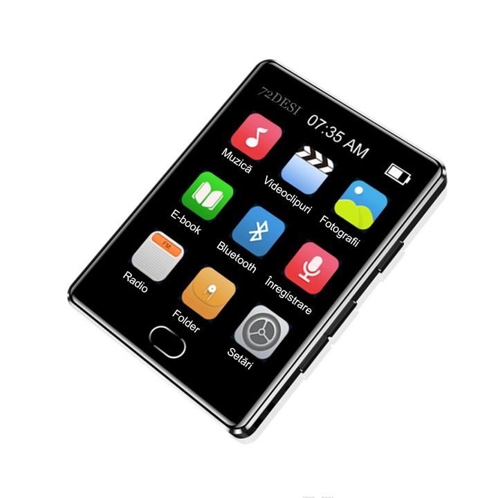 MP3 lejátszó bluetooth 72DESI, teljes képernyős LCD 2,5 hüvelykes, érintőképernyő, 8 Gb és 128 Gb-ig támogat, E-könyv olvasó, felvevő funkció, Bluetooth 5.0, FM rádió, naptár, számológép, óra, ébresztő, stopper, fém ház, fekete szín