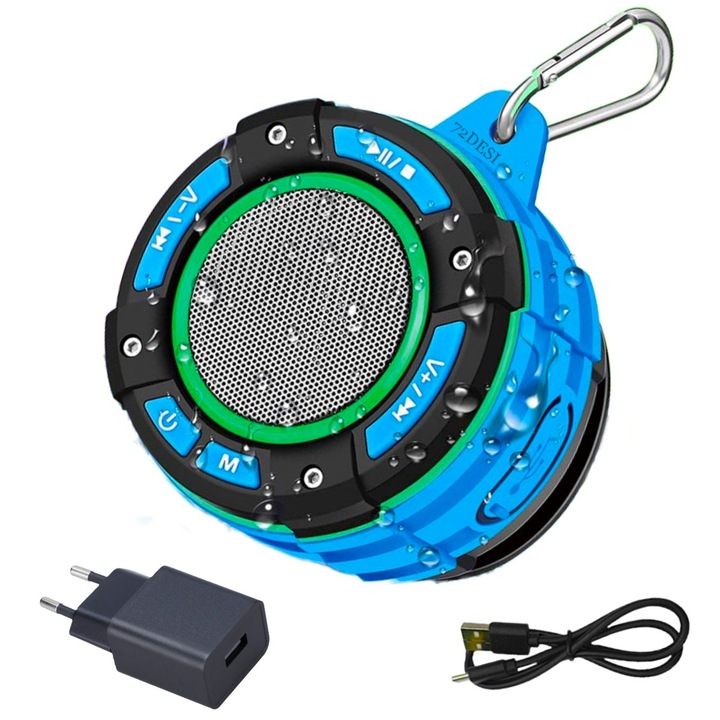 Boxa bluetooth cu lumini RGB 72DESI pentru excursii, plaja si piscina, pluteste pe apa, sunet stereo, hands-free, impermeabila IPX 7 si rezistenta la praf, socuri, zgarieturi, catarama de suspendare si ventuza pentru dus detasabile, radio FM, albastra