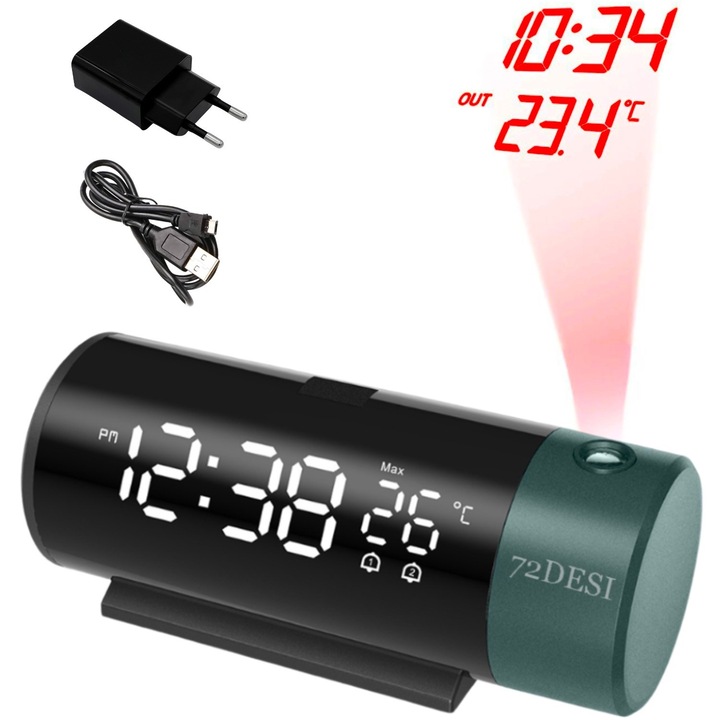Ceas electronic cu proiectie 72DESI, afisaj LCD, proiecteaza ora si temperatura, reglare automata lumina de fundal, alarma dubla cu amanare, baterie pentru memorie, alimentare la retea cu incarcator inclus, port incarcare USB, negru
