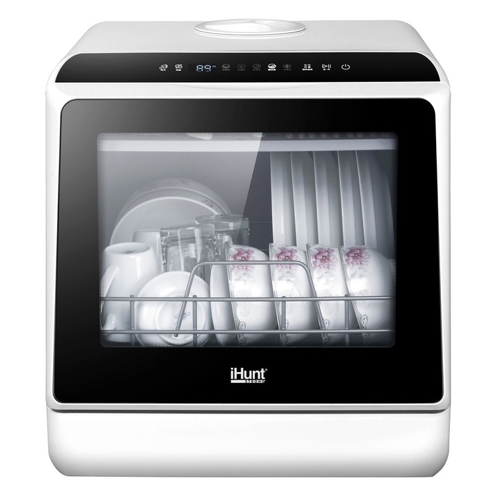 Masina de spalat vase compacta iHunt Bro Dishwasher, Pompa Evacuare, 950W, 6 Programe, Functie Uscare si Antibacteriana, Clasa D, Incalzire Apa, Alimentare apa robinet / manual, Rezervor Economic Apa 5l, 45cm, White