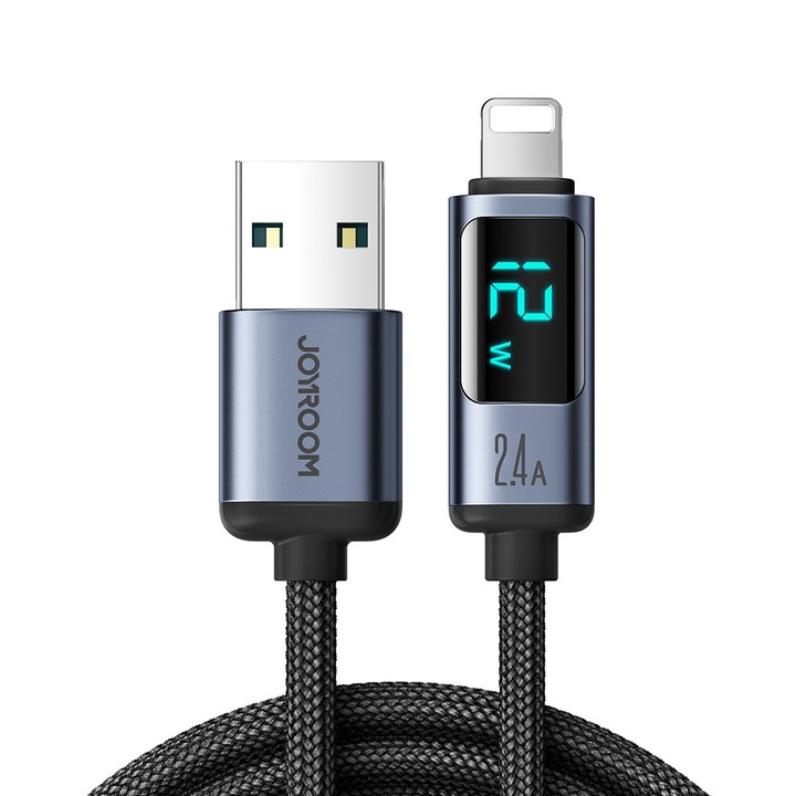 Joyroom A16 kábel - USB / Lightning fekete szövet gyorstöltő kábel, kijelzővel 1,2m, 2,4A