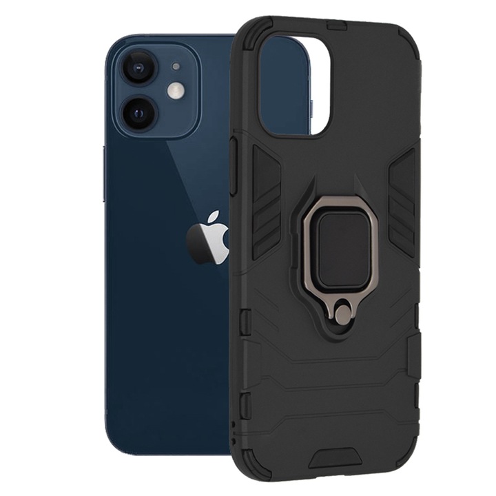 Калъф COMANDO Armor Ring, съвместим с iPhone 12, Tactical Defense Protect, Hybrid Antishock, Интегрирана метална пластина за закрепване на стойка за кола, въртящ се на 360 градуса пръстен, PVC и PC, черен