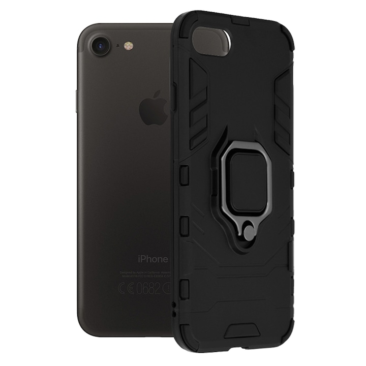 COMANDO Armor Ring tok kompatibilis iPhone 7/8 telefonnal, Tactical Defense Protect, Hybrid Antishock, Integrált fémlemez az autós tartó rögzítéséhez, 360 fokban elforgatható gyűrű, PVC és PC, Fekete