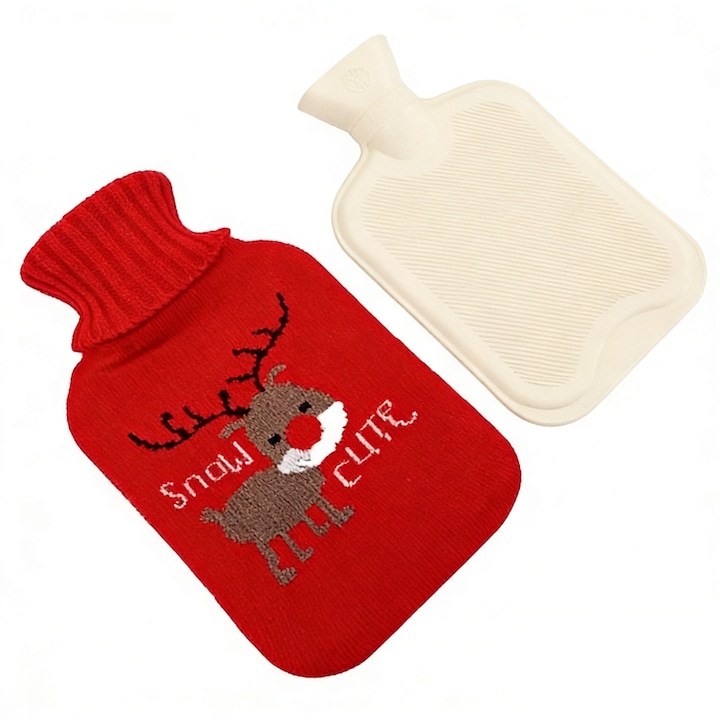 Sticla de apa calda de Craciun de 1L, model de ren supraimprimat tricotat rosu, sticla de apa calda cu model de caprioara de desene animate, jacheta tricotata, 1 litru, rosu
