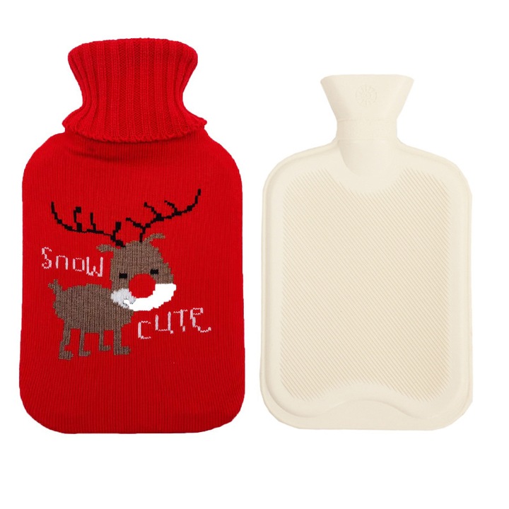Бутилка за гореща вода с карикатура на елен, плетено яке, 1л, червена