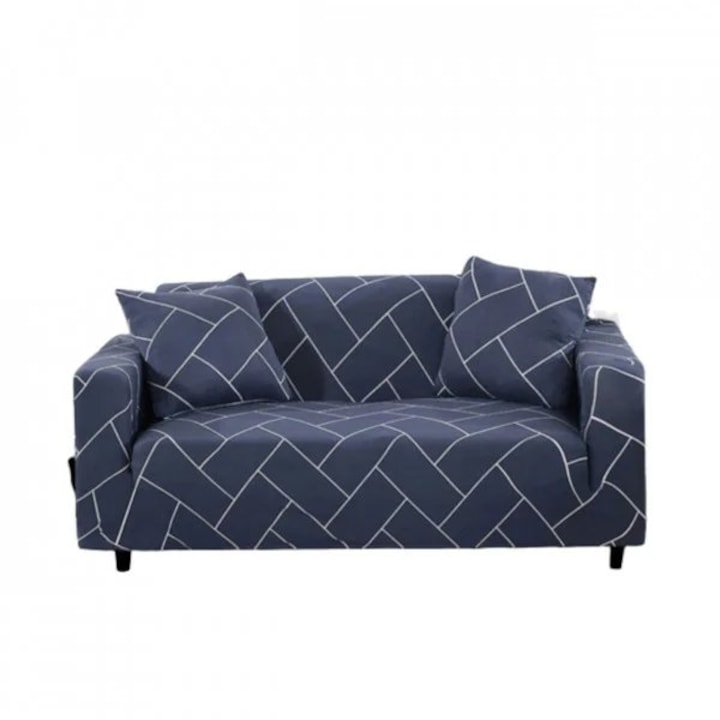 Modern elasztikus huzat 2 személyes kanapéhoz 1 párnahuzattal, karokkal, sötétkék