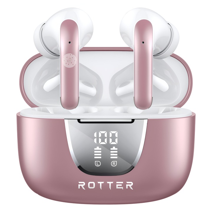 Vezeték Nélküli Bluetooth ROTTER®️ Fülhallgató, Fejlett Zajszűréssel, Audio, Vezeték Nélküli, In-Ear, Digitális Kijelző, Bluetooth 5.4, 42 Óra Üzemidő, HD Mikrofon, Érintésvezérlés, 45 MS Késleltetés, Vízálló, Sportoláshoz, Összeegyeztethető, Rózsaszín
