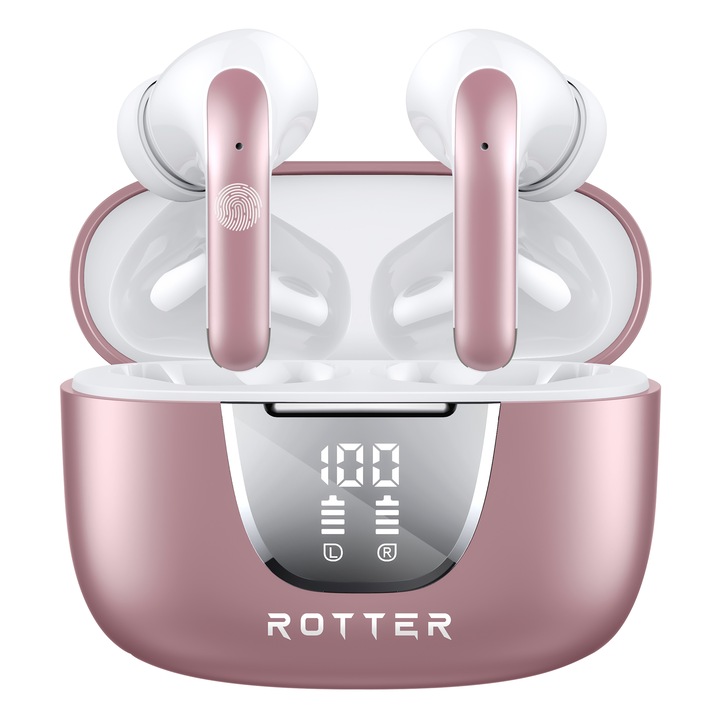 ROTTER Bluetooth fejhallgató, továbbfejlesztett zajszűréssel, 42 órás autonómia, dupla mikrofon, CVC 8.0, érintésvezérlés, LED kijelző, Bluetooth 5.3, 45 ms késleltetés, univerzális, rózsaszín