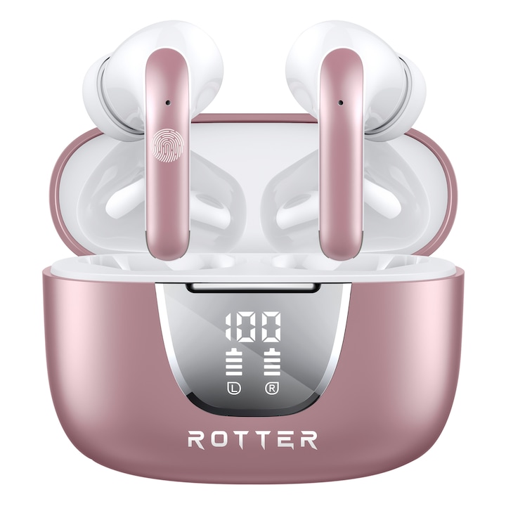 Безжични слушалки ROTTER ENC – Bluetooth слушалки с ENC шумопотискане, двойни CVC 8.0 микрофони, LED дисплей, 42ч батерия, ергономичен дизайн, подходящи за спорт, работа и пътуване, IPX4 водоустойчивост, универсални – Розово