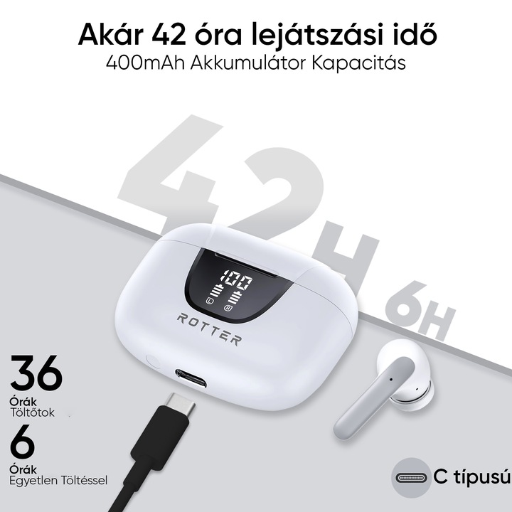 ROTTER®️ vezeték nélküli bluetooth fejhallgató továbbfejlesztett zajszűréssel, Audio, Vezeték nélküli, Digitális kijelző, Bluetooth 5.4, 42 órás akkumulátor-üzemidő, HD mikrofon, érintésvezérlés, 45 ms késleltetés, Vízálló, Sport, Univerzális, Fekete